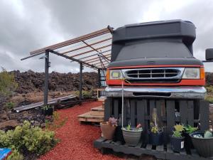an orange truck parked in a garden with potted plants at Lava Bus in Hawaiian Ocean View +14 photos