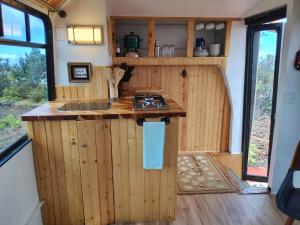 an interior view of a kitchen in a tiny house at Lava Bus in Hawaiian Ocean View