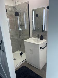 a bathroom with a white sink and a shower at Kaiapoi Village Le Shack in Kaiapoi