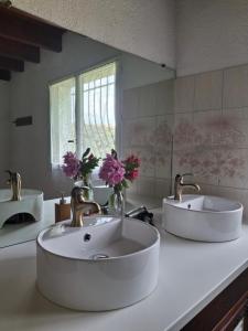 a bathroom with two sinks and a large mirror at Maison familiale Pays Basque in Ahaxe-Alciette-Bascassan