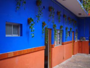 a blue wall with a row of doors and plants at Hotel Don Candido in Tuxtla Gutiérrez +8 photos
