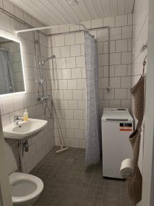 a bathroom with a sink and a toilet and a shower at Paimenkatu 1 in Savonlinna