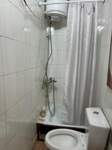 a small bathroom with a toilet and a shower at Жетиген in Karakol
