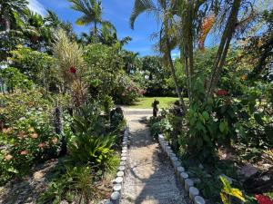 a path through a garden with palm trees and flowers at Linas Lodge in Vaitele