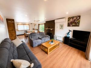 a living room with a couch and a tv at Apollo bay Holiday House in Apollo Bay