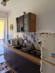 a kitchen with a counter top and a refrigerator at Leśniewscy - Pokoje Gościnne in Ojców
