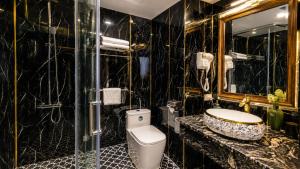 a bathroom with a toilet and a sink and a mirror at Hanoi Sena Hotel & Travel in Hanoi