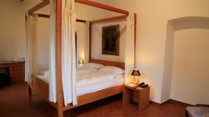 a bedroom with a canopy bed with a mirror at Relais Palazzo Lodron in Rovereto