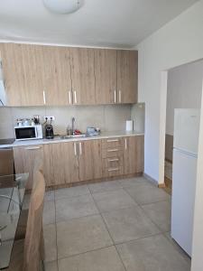 a kitchen with wooden cabinets and a white refrigerator at Apartman Palma in Belgrade