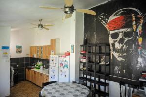 a kitchen with a skull painting on the wall at Pirate Backpackers in Ulcinj