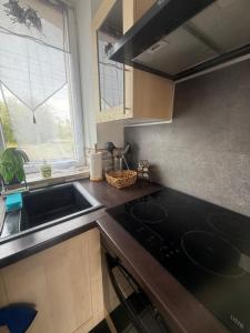 a kitchen with a sink and a stove and a window at Escale à Villeneuve in Villeneuve-sur-Yonne +7 photos