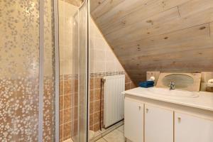 a bathroom with a shower and a sink and a mirror at Gîte Le Panorama in Rentières +28 photos