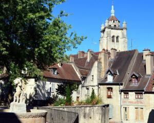 an old building with a clock tower in a town at Place aux fleurs - Le cocon in Dole