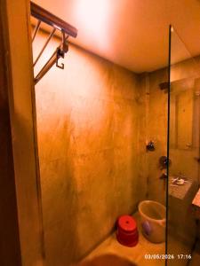 a bathroom with a shower and a toilet in it at Saramax INN in Haridwār