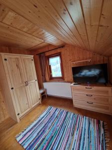 ein Wohnzimmer mit einem Flachbildfernseher an einer Holzdecke in der Unterkunft Deer Chalet in Holda