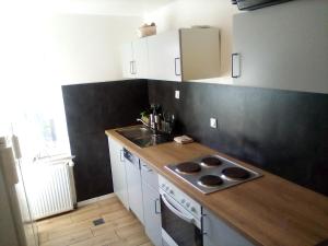 a small kitchen with a sink and a stove at Monteurzimmer Ehmen in Wolfsburg