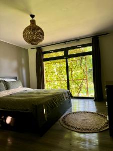 ein Schlafzimmer mit einem Bett und einem großen Fenster in der Unterkunft O Casǎ in 23 August