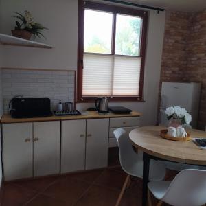 a kitchen with a table and a table and a window at VILA CALLUM - výhodné dlouhodobé pronájmy v RD in Ostrava