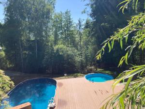 two swimming pools on a wooden deck with trees at Modryna - Modrzewiowy Dom in Cisna