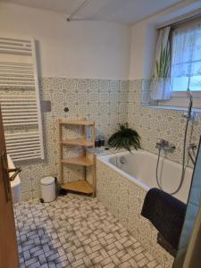 a bathroom with a tub and a shelf in it at Nenis Hüsli in Diesbach +10 photos