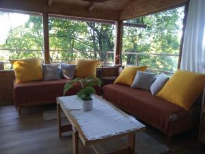 a living room with two couches and a coffee table at Peace House in Esztergom +35 photos