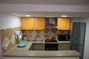 a kitchen with wooden cabinets and a stainless steel refrigerator at Apartment Alana in Podvelka +10 photos