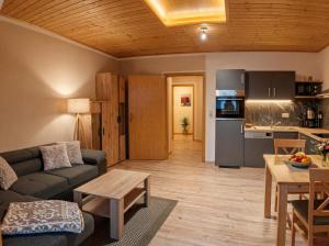 a living room with a couch and a kitchen at Ferienwohnungen Stark in Kelheim