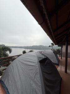 two tents sitting on a deck next to a river at Wiztearia in Ambalavayal