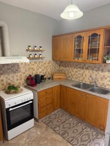 a kitchen with wooden cabinets and a stove and a sink at Aliki's house in Líthion +11 photos
