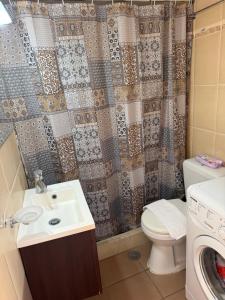 a bathroom with a sink and a toilet and a shower curtain at Aliki's house in Líthion