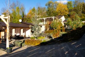 a house with a tree in the front yard at Casa Caius in Văliug