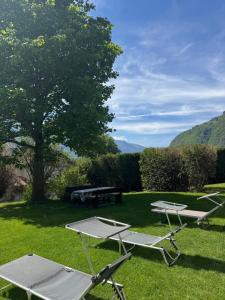 three picnic tables and a picnic table in the grass at Garni Rika in Parcines