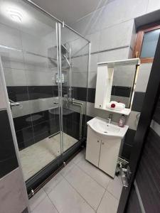 a bathroom with a shower and a sink at Apartamentele Liliacul in Sighetu Marmaţiei +54 photos