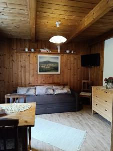 a living room with a couch in a wooden room at Chalupa Něža in Petrovice
