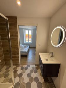 a bathroom with a sink and a shower and a mirror at Gîte des vignobles de Reuilly in Reuilly