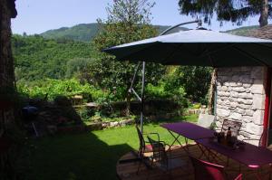 a picnic table with an umbrella in a yard at Chez mamiethé in Ispagnac