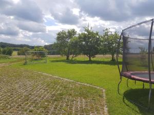 una sedia seduta in un campo con una porta di Fritzerhof a Gössweinstein