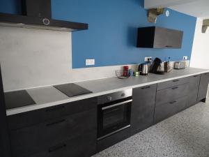 a kitchen with gray cabinets and a blue wall at Chambre Ecuador in Châteaubourg +3 photos