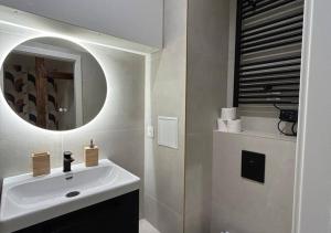 a bathroom with a sink and a mirror at Appartement Central avec Jacuzzi Privé I Strasbnb in Strasbourg