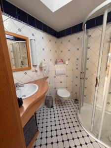 a bathroom with a toilet and a sink and a shower at Pension Altes Posthaus in Dangast