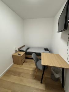 a small room with a bed and a desk and a table at AG Wohnung Fellbach Nr 3 in Fellbach