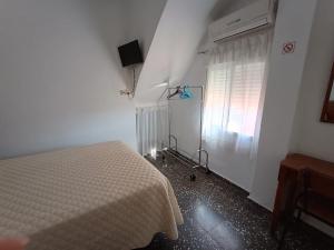 a bedroom with a bed and a window with a fan at Pensíon Lucia in Casinos