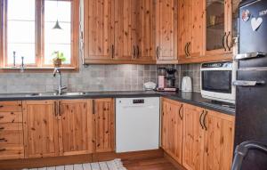 a kitchen with wooden cabinets and a white dishwasher at Awesome Home In Sölvesborg With Wifi in Sölvesborg