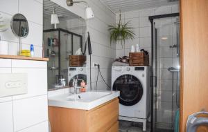 a bathroom with a washing machine and a sink at Awesome Home In Sölvesborg With Wifi in Sölvesborg +5 photos