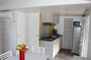 a small kitchen with a stove and a refrigerator at ZEcamping 3 étoiles à 4km de la plage piscine chiens acceptés jacuzzi in Bormes-les-Mimosas