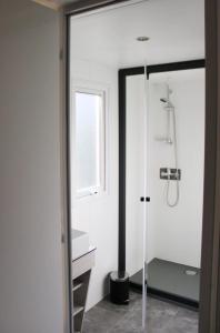 a bathroom with a shower and a sink and a mirror at ZEcamping 3 étoiles à 4km de la plage piscine chiens acceptés jacuzzi in Bormes-les-Mimosas