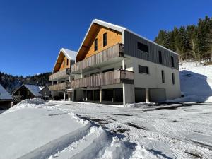 a building with snow in front of it at Duplex 3 chambres Etoile du sud in Le Lioran