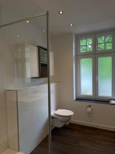 a bathroom with a toilet and a glass shower at Wunderschöne 2 Zimmer Wohnung in Wuppertal in Wuppertal