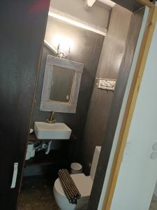 a small bathroom with a sink and a toilet at Αγροτικό σπίτι agrikia με θέα στο βουνό πάρκινγκ και δωρεάν WiFi in Arachova
