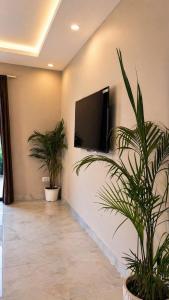 a living room with two potted plants and a flat screen tv at Shiv kashi farm luxury 3bhk with big pool in Noida